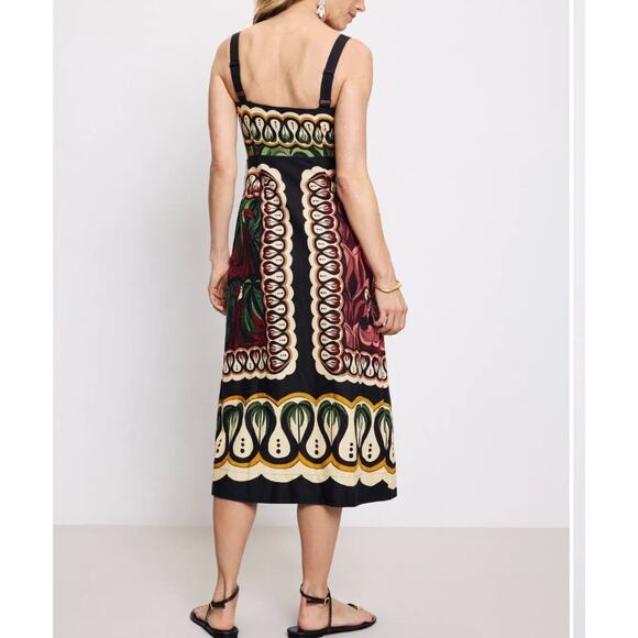Farm Rio Black Tropical Midi Dress LARGE Faux Wrap Vacation Parrot Linen $280 - Picture 3 of 12